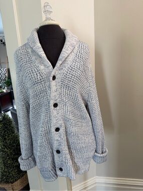Chunky Button-Front Shawl Collar Cardigan/ Dress- Heather Gray Blue Size L